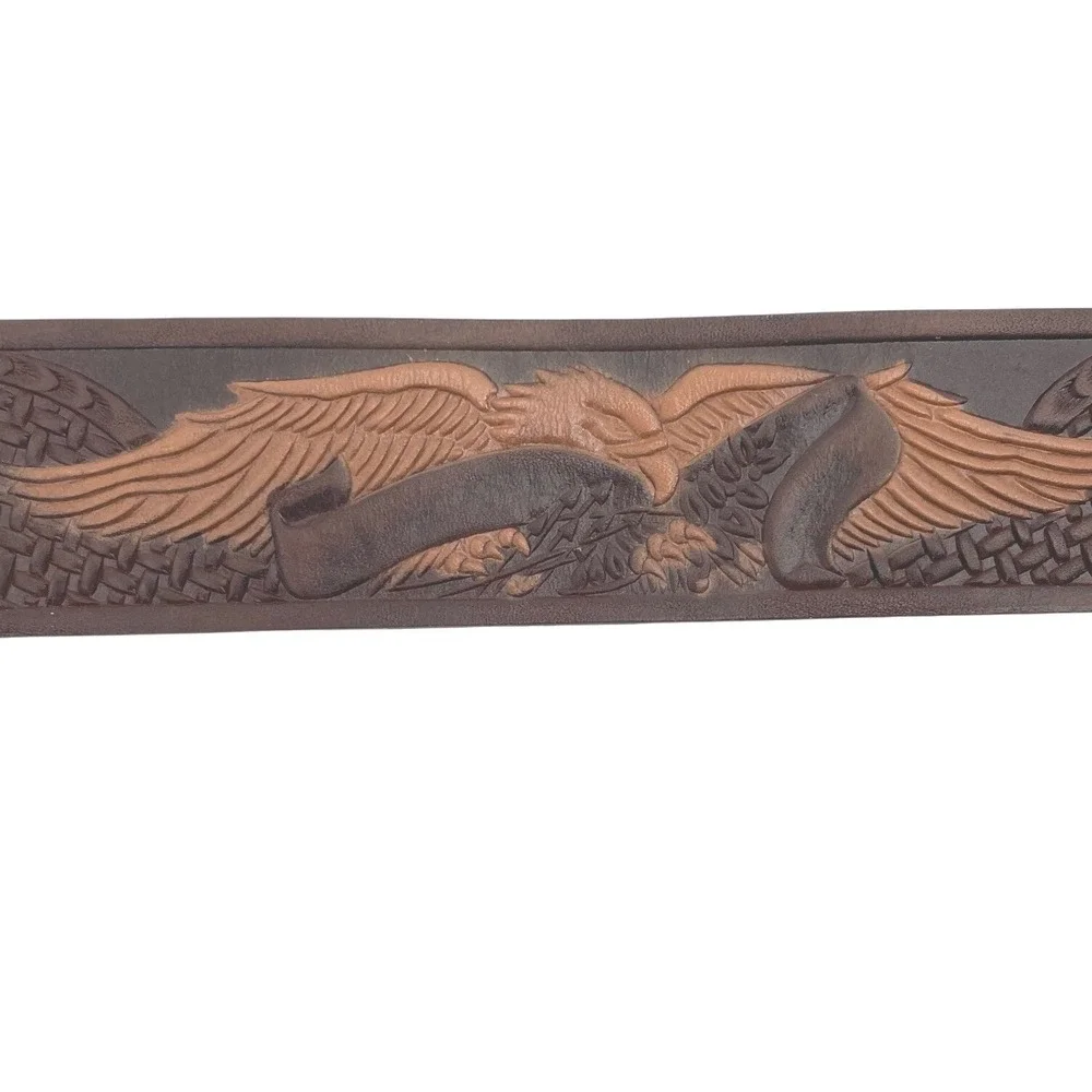Vintage Western Belt Mens 50 Brown‎ Top Grain Leather Tooled Eagle Brass Buckle
